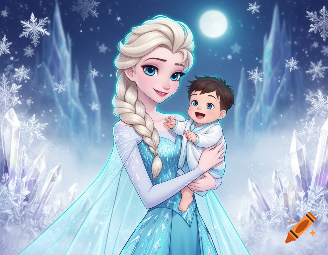 Elsa holding a baby boy in a snowy ice castle setting under a full moon, anime style digital illustration.