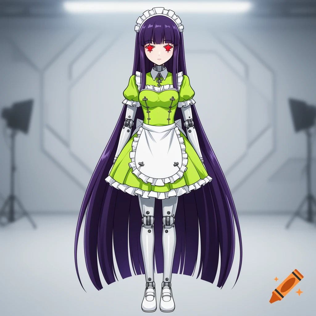 Full-body anime style illustration of a mechanical robot woman with long dark purple hair, red star-shaped eyes, and a lime green maid outfit with doll joints in a white studio setting.