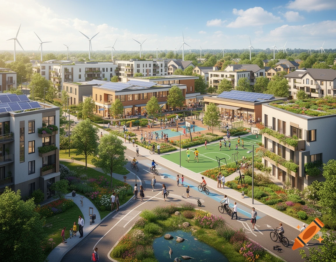 An aerial photorealistic view of a modern urban community with residential buildings, green spaces, sports fields, and wind turbines.