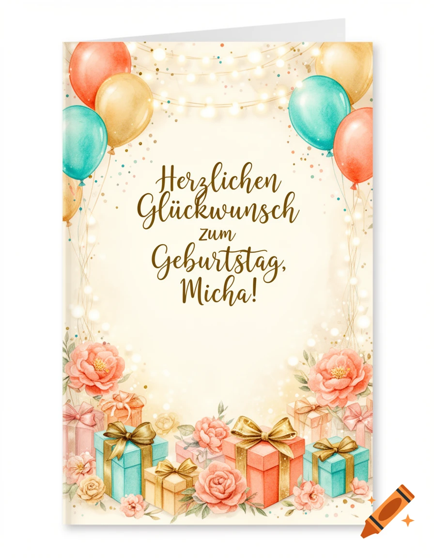 Watercolor birthday card with balloons, fairy lights, roses, and gift boxes, featuring German text.