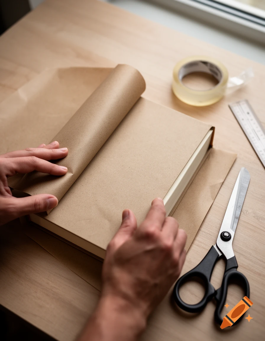 Close-up of hands wrapping a hardcover book in brown craft paper on a wooden table with scissors and tape.