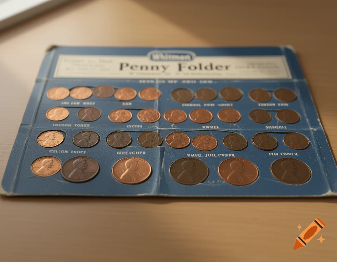 Close-up photograph of a blue Whitman penny folder with various pennies inserted into slots on a wooden table.