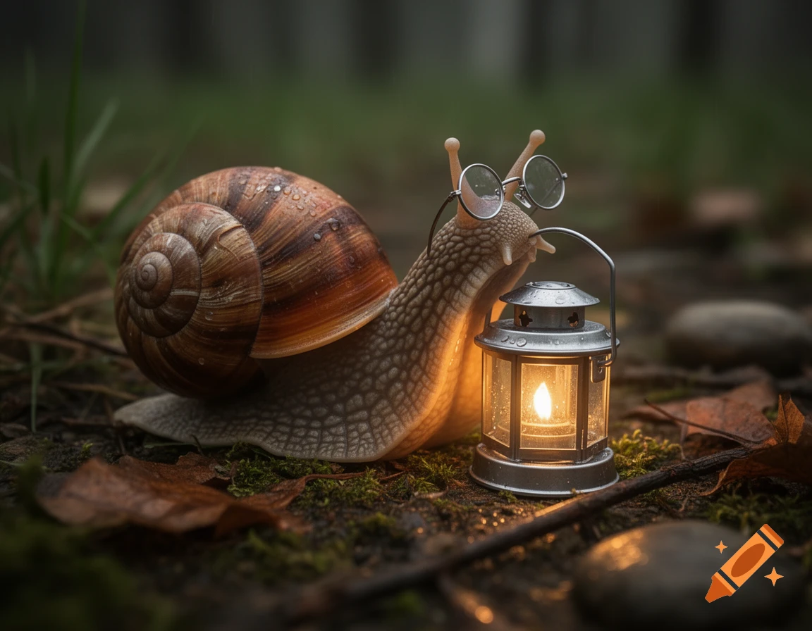 Photorealistic image of a cute snail wearing glasses and holding a lit lantern in a forest at night.