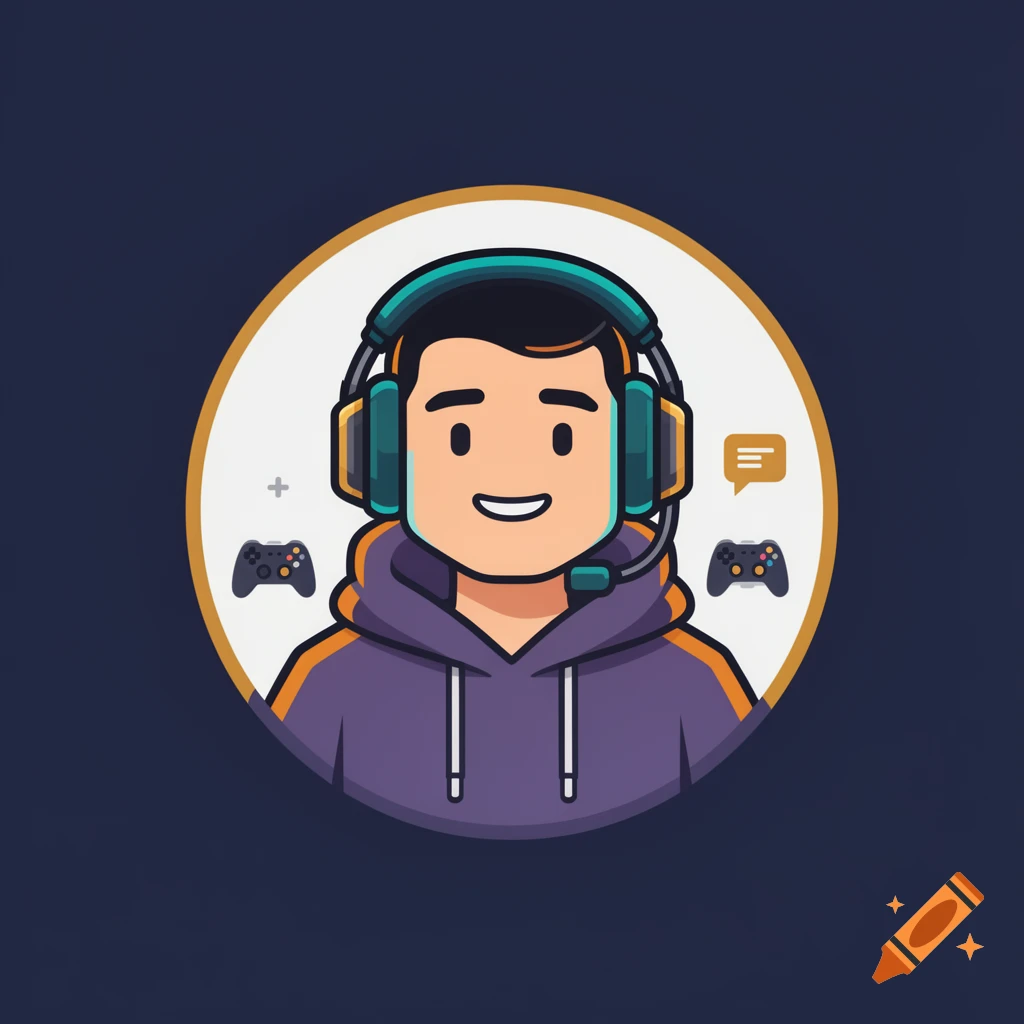 Digital illustration of a smiling young man wearing a purple hoodie and teal gaming headset, with game controllers in the background, set against a dark blue background.