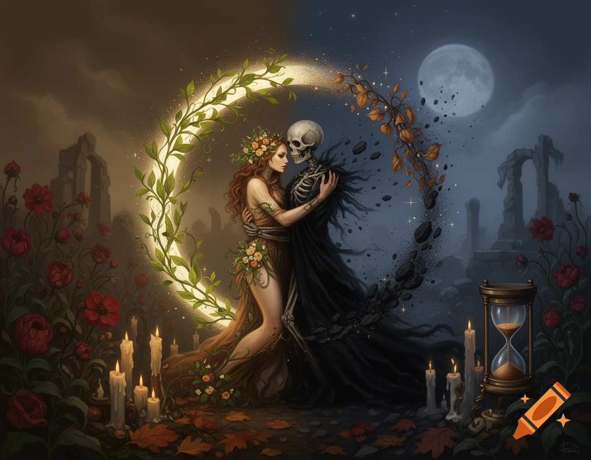 Memento mori digital art featuring a woman symbolizing life embracing a skeleton symbolizing death within a crescent cycle of nature, foliage, and hourglass.
