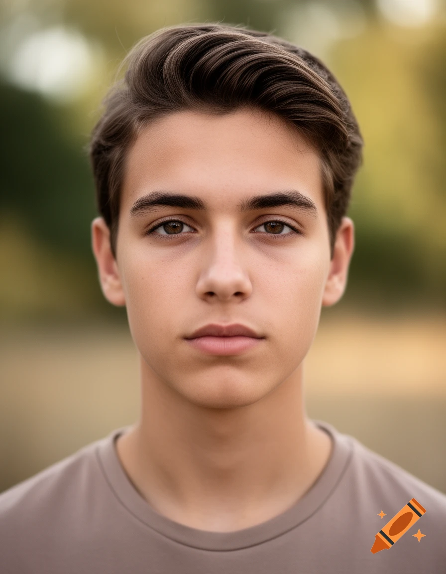 Photorealistic close-up portrait of a young man with brown hair and eyes, wearing a gray t-shirt.