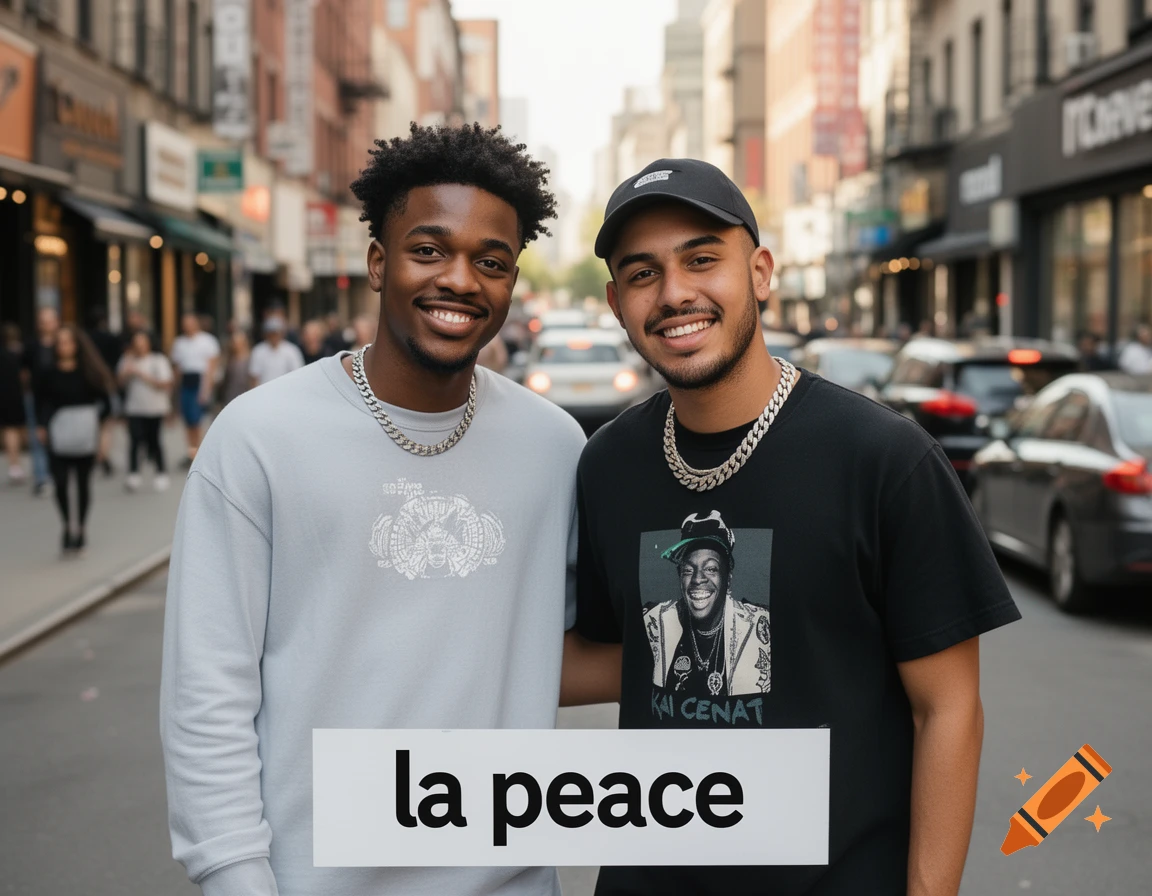 Photorealistic medium shot of two smiling young men wearing chains standing on a busy city street, with the text la peace overlaid.