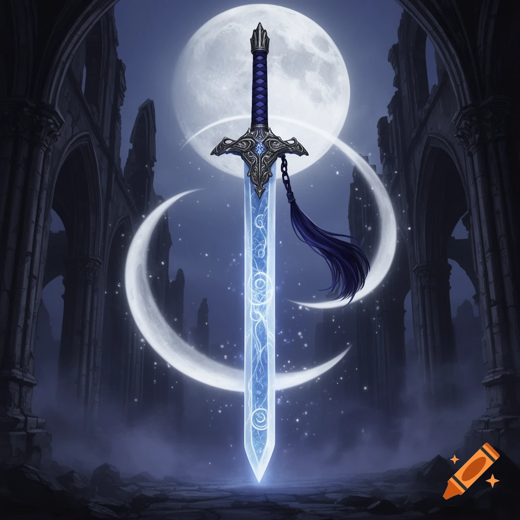 An ornate glowing blue fantasy sword planted in stone ruins before a giant full moon, digital art.