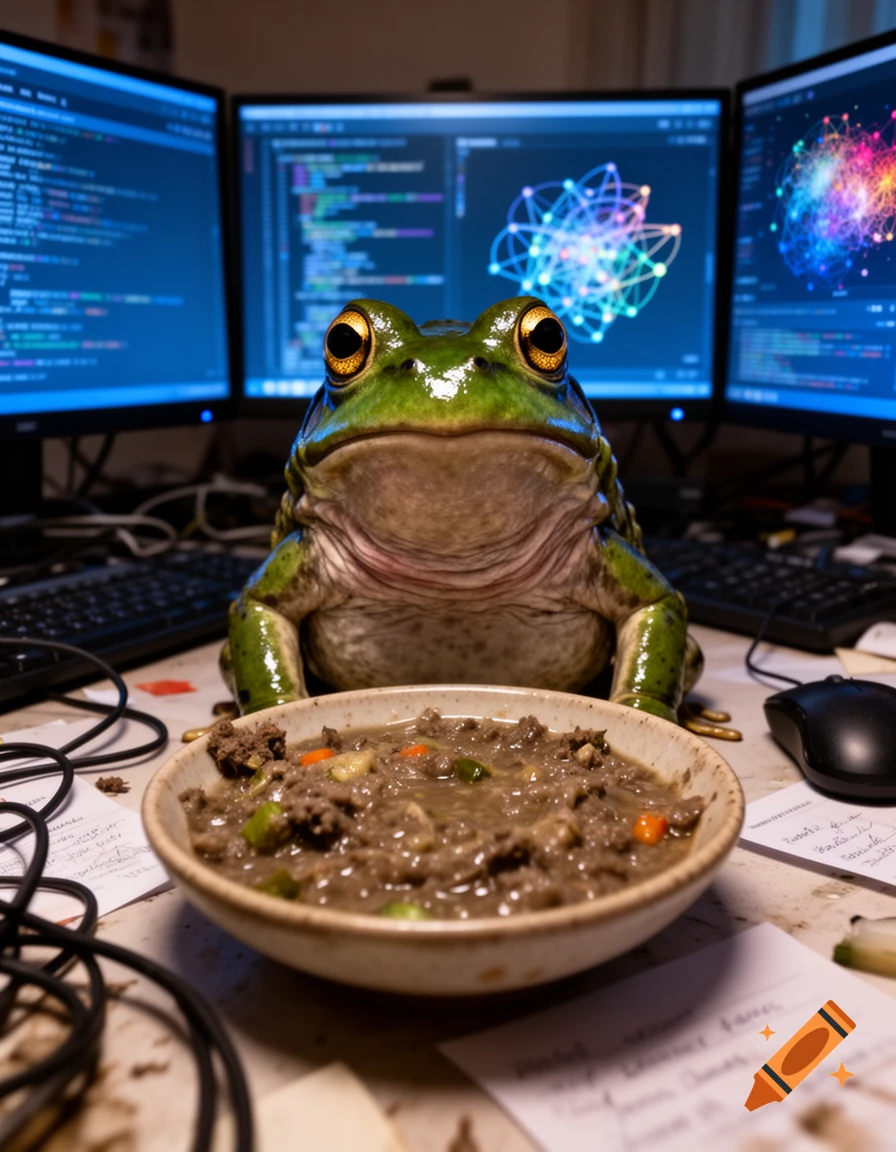 A photorealistic green frog sitting at a desk with multiple monitors showing code, looking at a bowl of slop.
