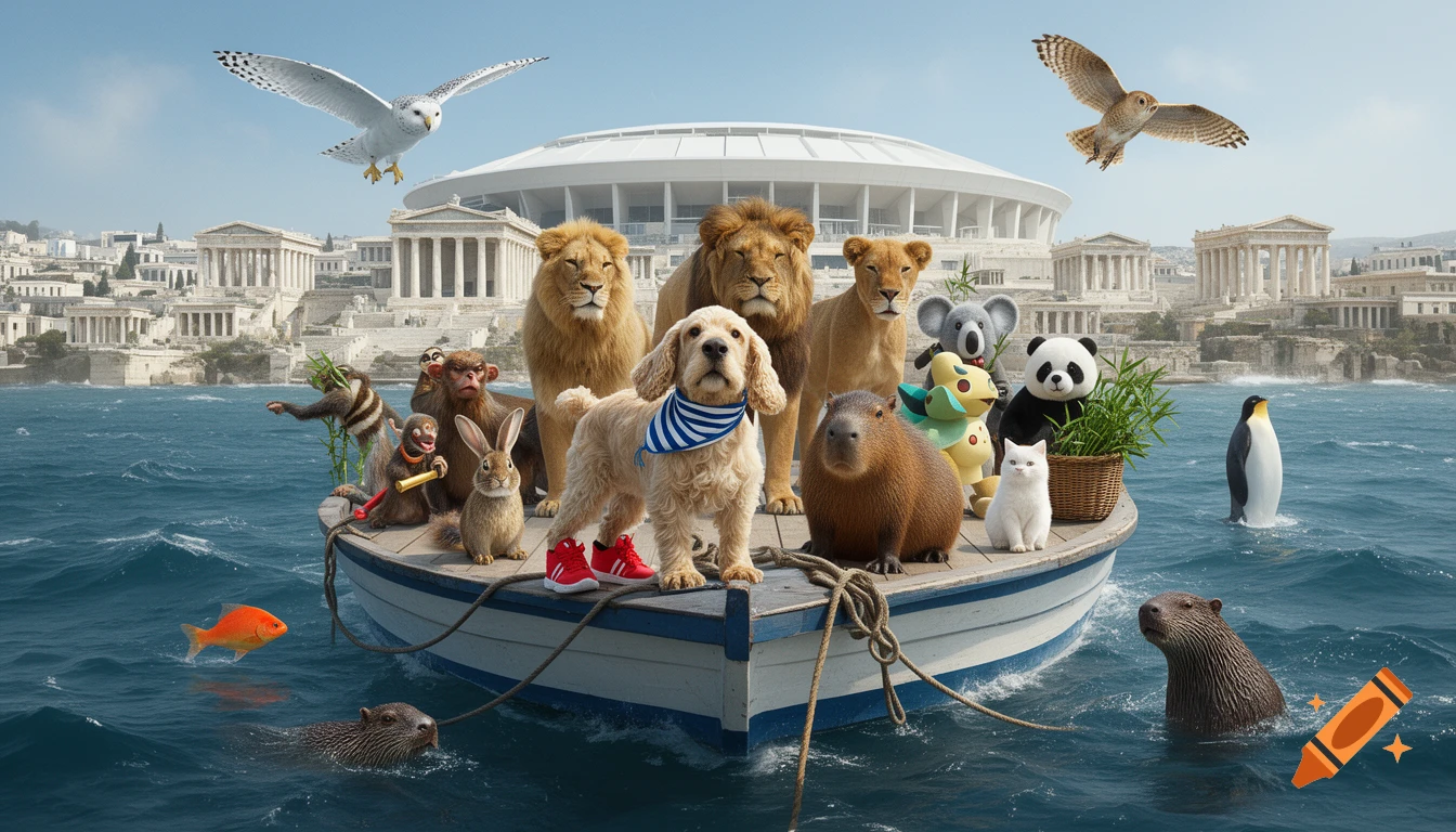 Photorealistic image of a wooden boat filled with various animals including a dog, lions, capybara, and birds, floating on the sea with a Greek-style white stadium in the background.