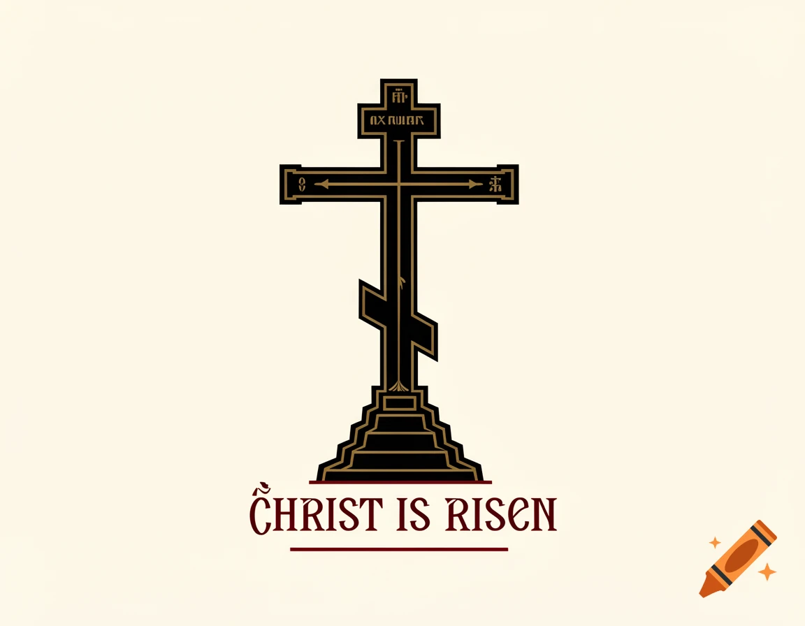An Orthodox Golgotha cross graphic illustration with the text Christ Is Risen underneath on a pale background.