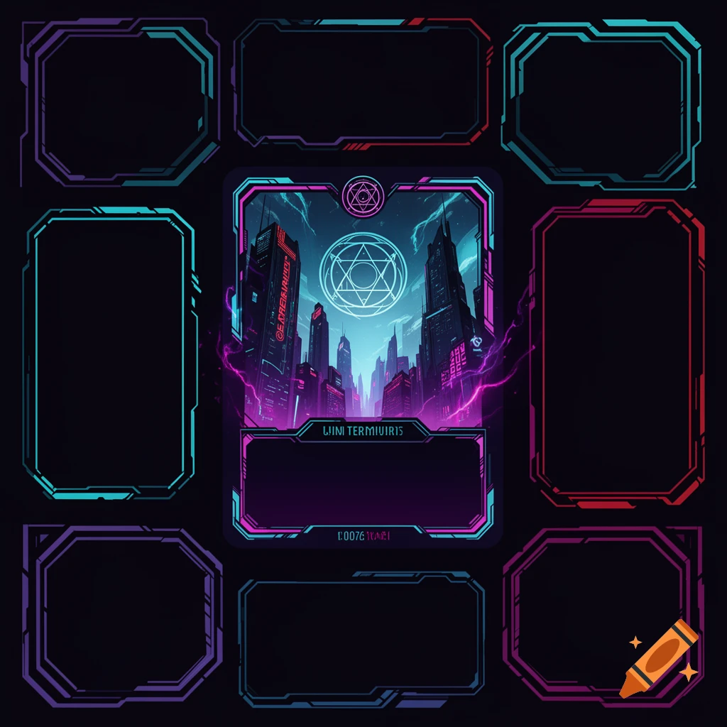 Cyberpunk trading card template with glowing neon city illustration and UI framing elements.