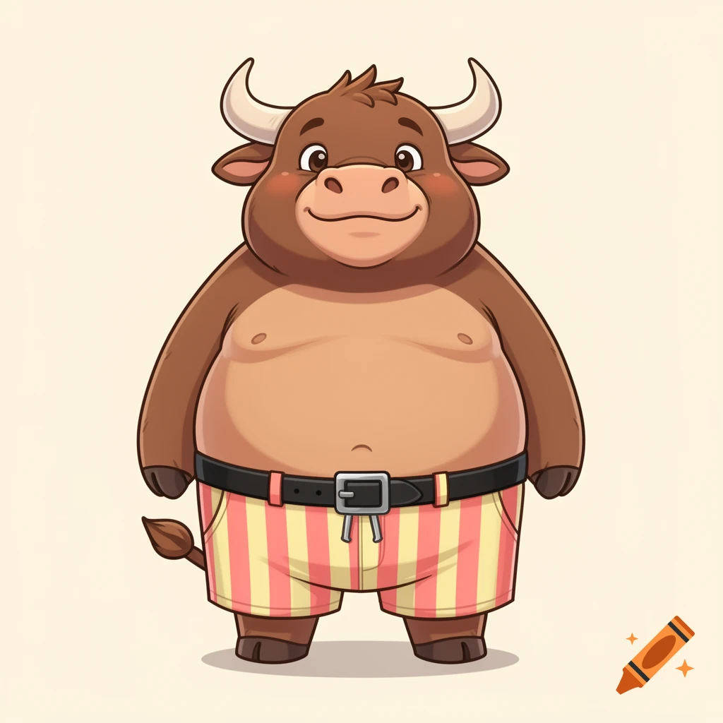 Illustration of a chubby brown bull wearing striped shorts and a belt, standing on a light background.