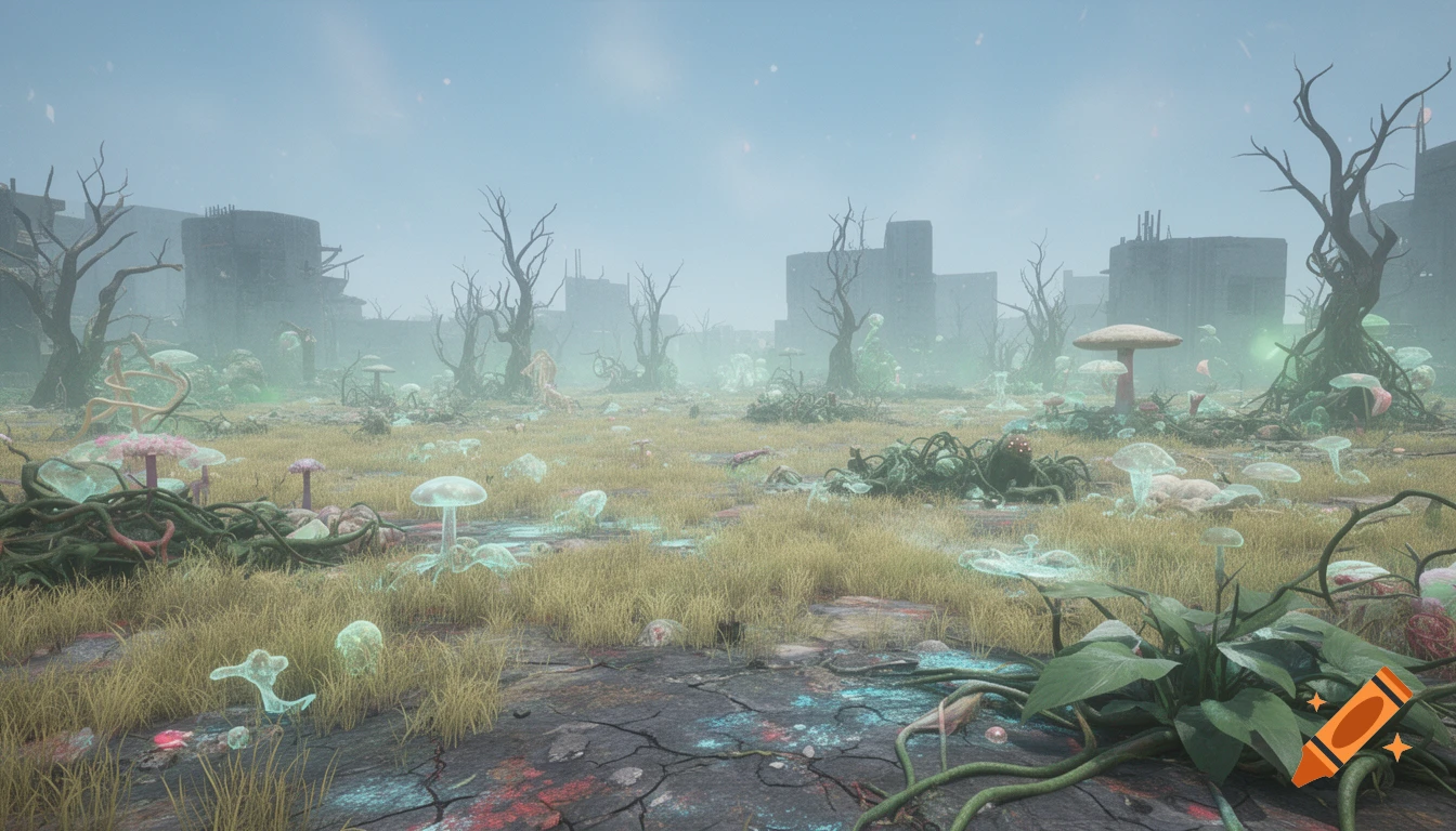 A vast, surreal landscape with ruined buildings, glowing mushrooms, and strange plants under a hazy sky.