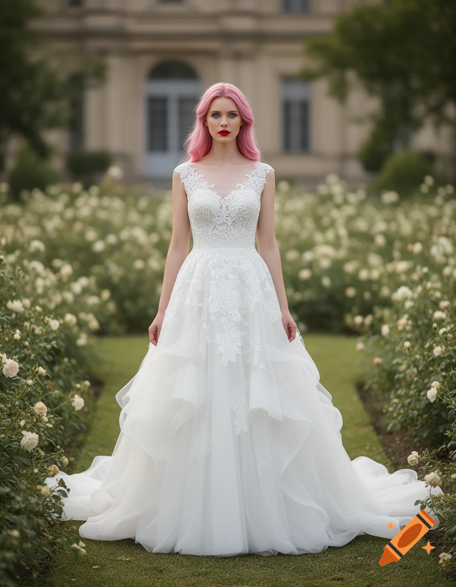 Photorealistic full-length portrait of a woman with pink hair and red lipstick wearing a white lace wedding dress in a garden with white roses.
