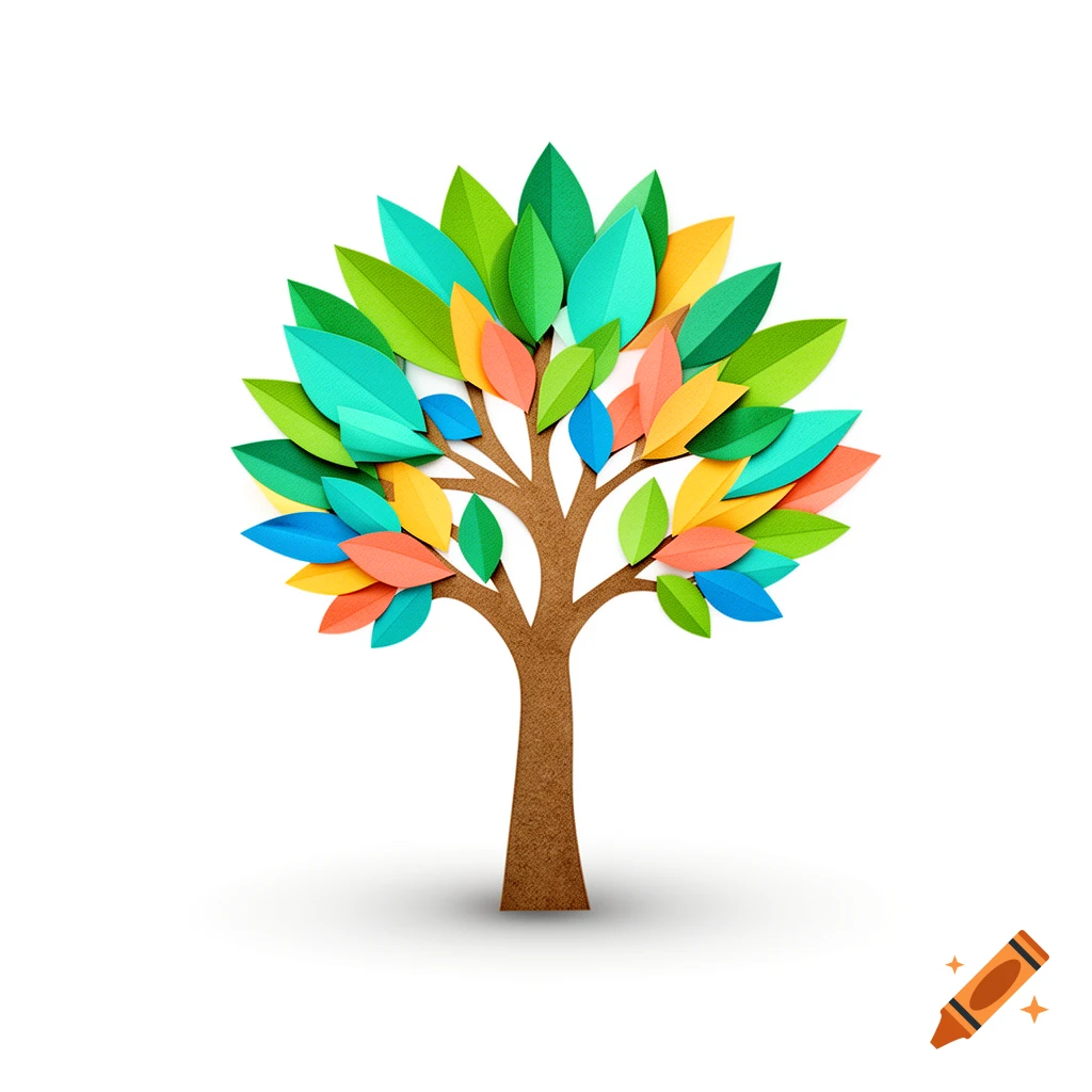 Stylized colorful tree with paper-cut style leaves on a white background
