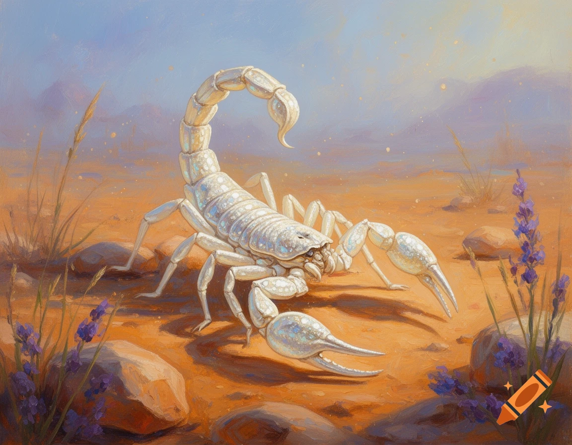 Impressionistic painting of a white scorpion on sandy ground with purple lavender flowers in a desert landscape.