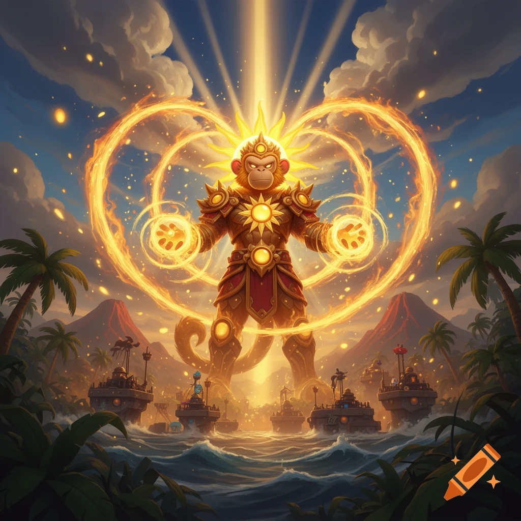 A giant sun god monkeying figure with fiery rings and solar symbols, towering over a fleet of ships on the ocean at sunset, digital art style.