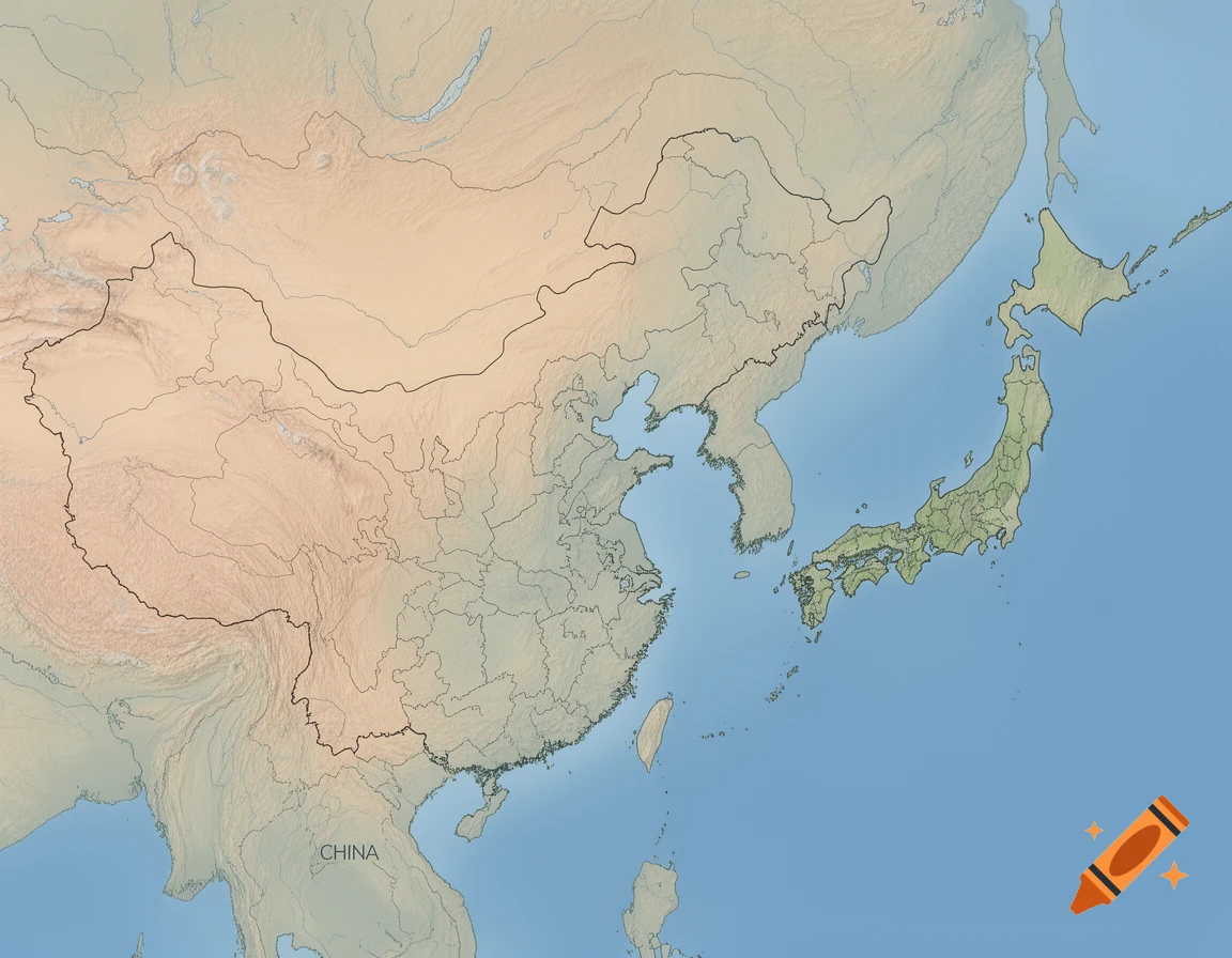 Topographic map showing China and Japan, with incorrect text labeling a region in Southeast Asia as China.