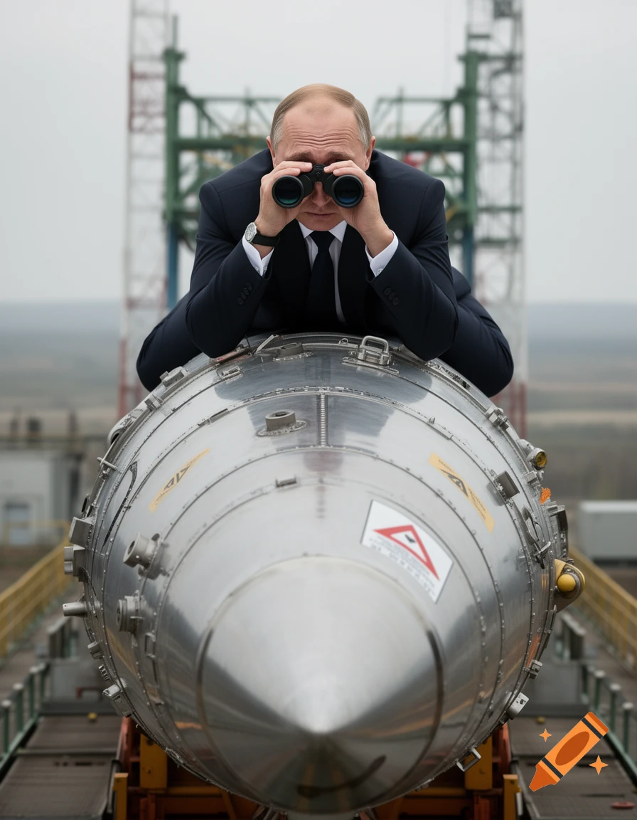 Photorealistic image of a man resembling Vladimir Putin lying on top of a missile holding binoculars.