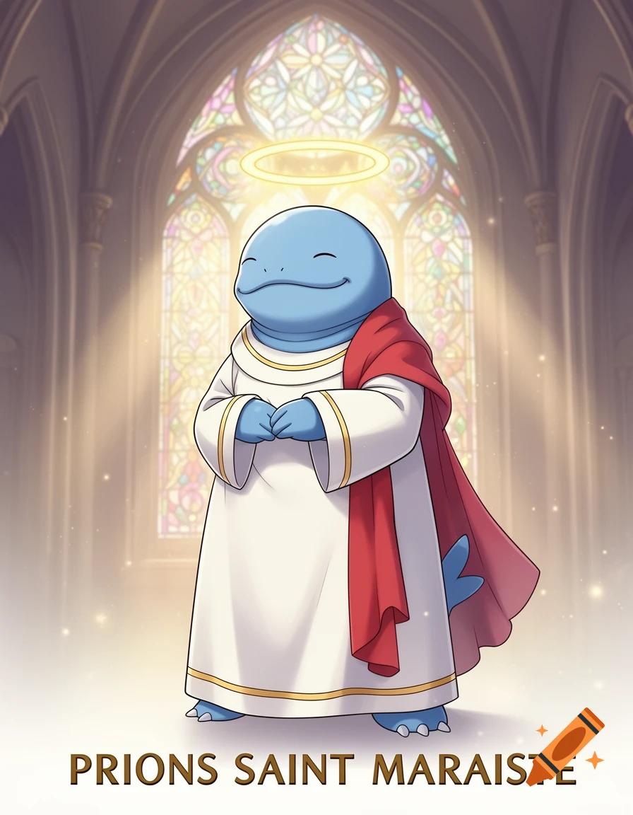 Digital illustration of the Pokémon Quagsire dressed as a holy apostle with a halo, standing in a cathedral with stained glass.