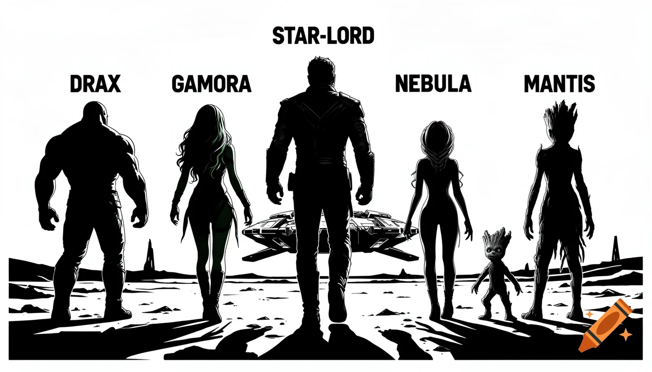 Black and white stencil style illustration of the Guardians of the Galaxy from behind walking towards a spaceship, with character names above them.