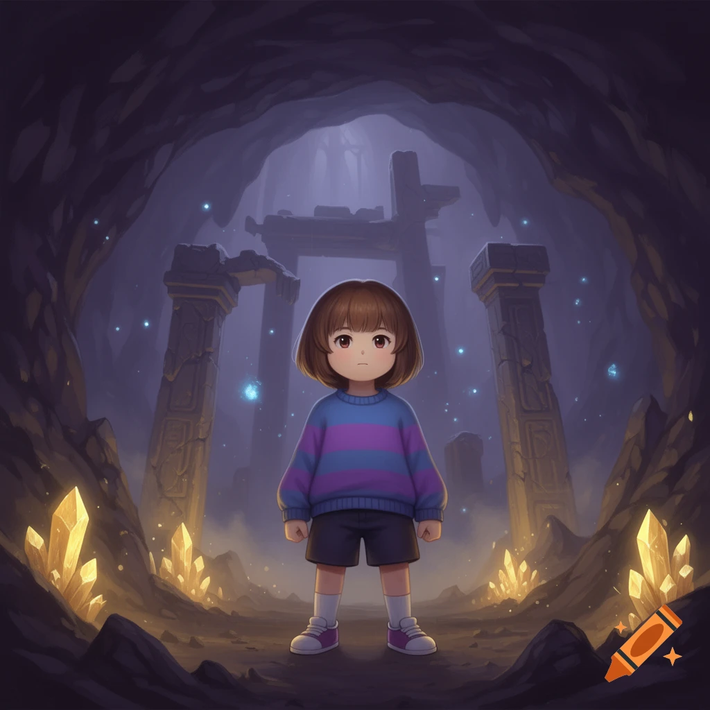 Digital illustration of Frisk from Undertale standing in a dark cave surrounded by glowing crystals and ancient ruins.