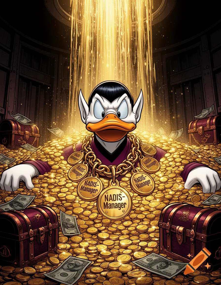Mr. Spock as Uncle Scrooge swimming in a vault of gold coins, wearing necklaces with 'NADIS-Manager' text, digital cartoon style.