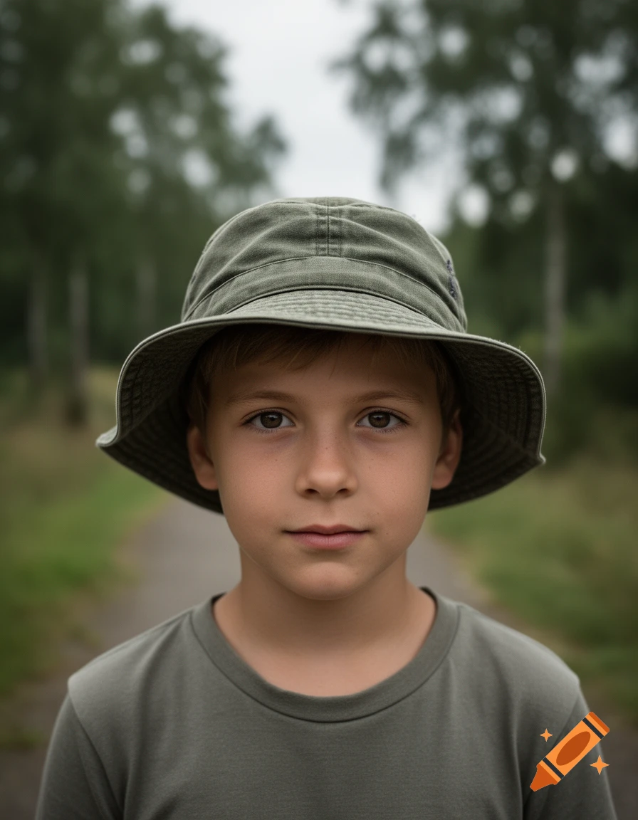 Photorealistic portrait of a young boy wearing an olive green bucket hat and matching t-shirt, outdoors with a blurred forest background.
