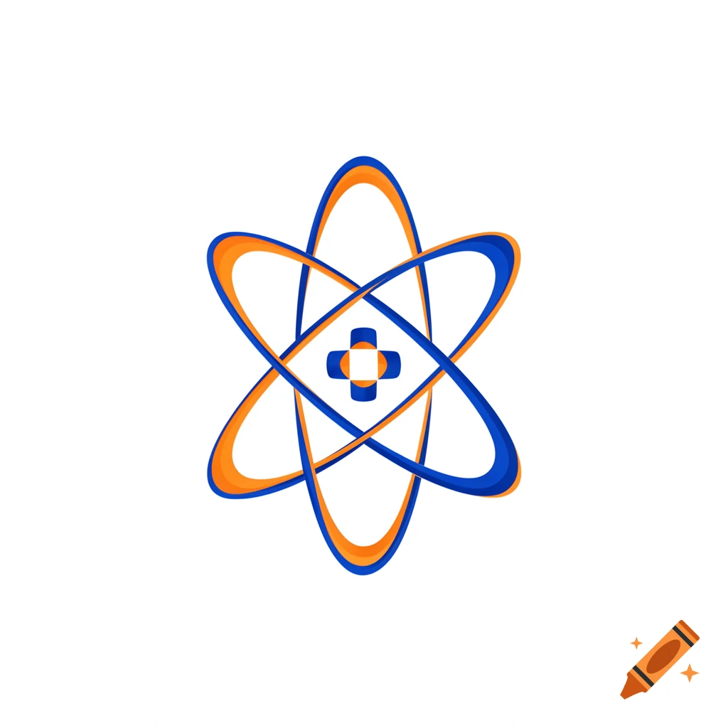 Stylized atom symbol with orange and blue orbital rings on a white background.