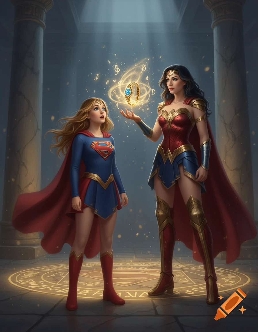 Supergirl looking mesmerized at a glowing magic ring held by Wonder Woman in a temple, digital art style.