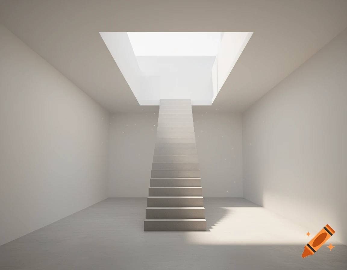 Minimalist concrete room with a staircase ascending through a square ceiling cutout admitting bright natural light.