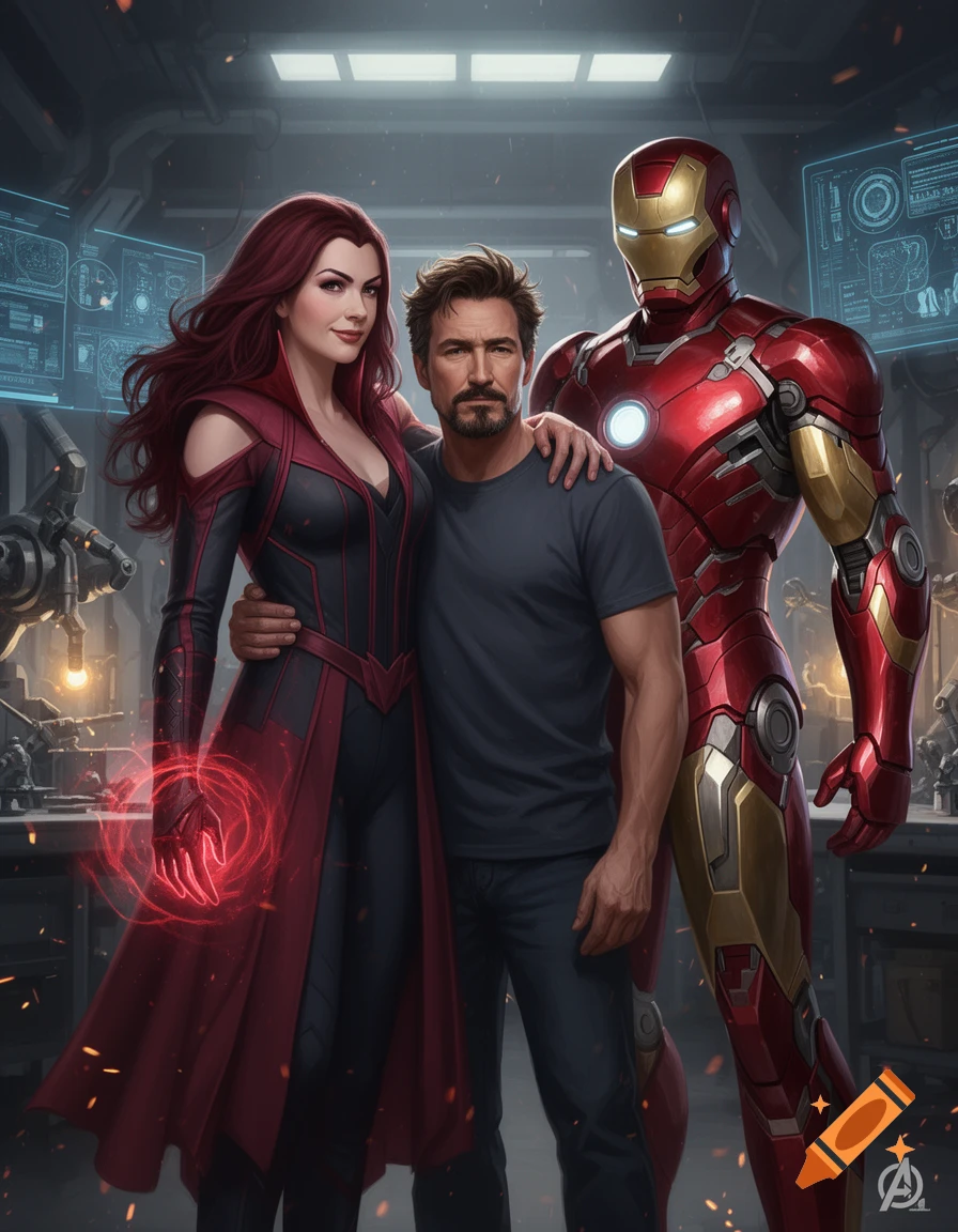Digital painting of Scarlet Witch and Iron Man posing with Tony Stark in a futuristic laboratory setting.