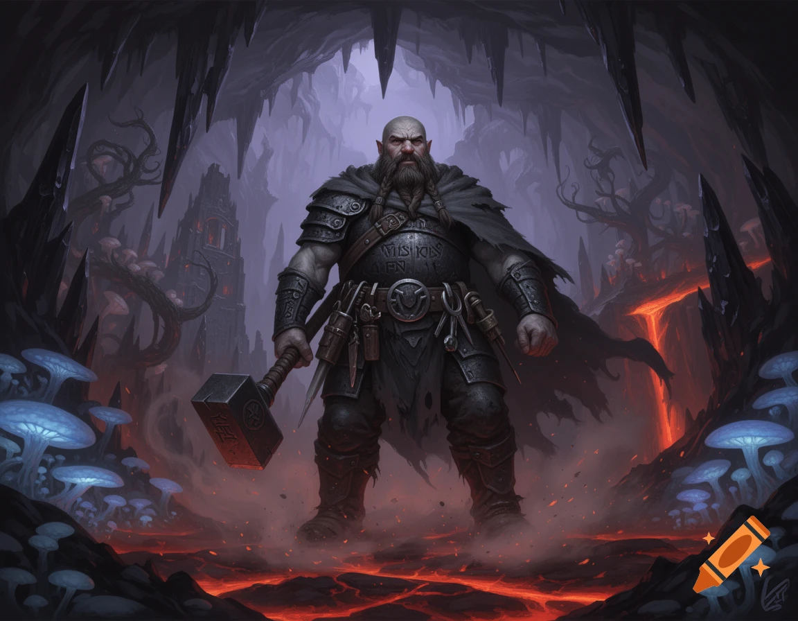 Digital painting of a muscular duergar warrior in dark armor holding a warhammer inside a glowing cavern with blue mushrooms.