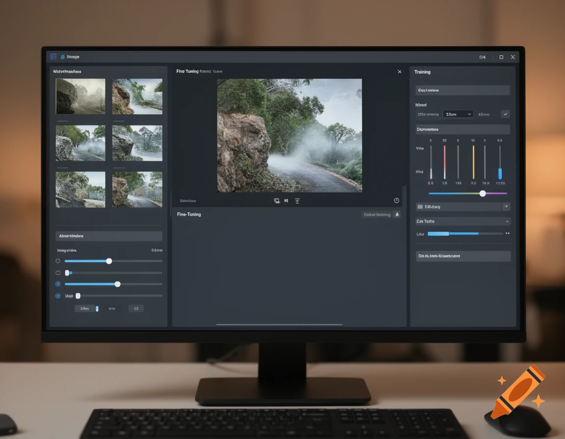 A computer monitor displaying a software user interface with image editing tools and photo thumbnails on a white desk.