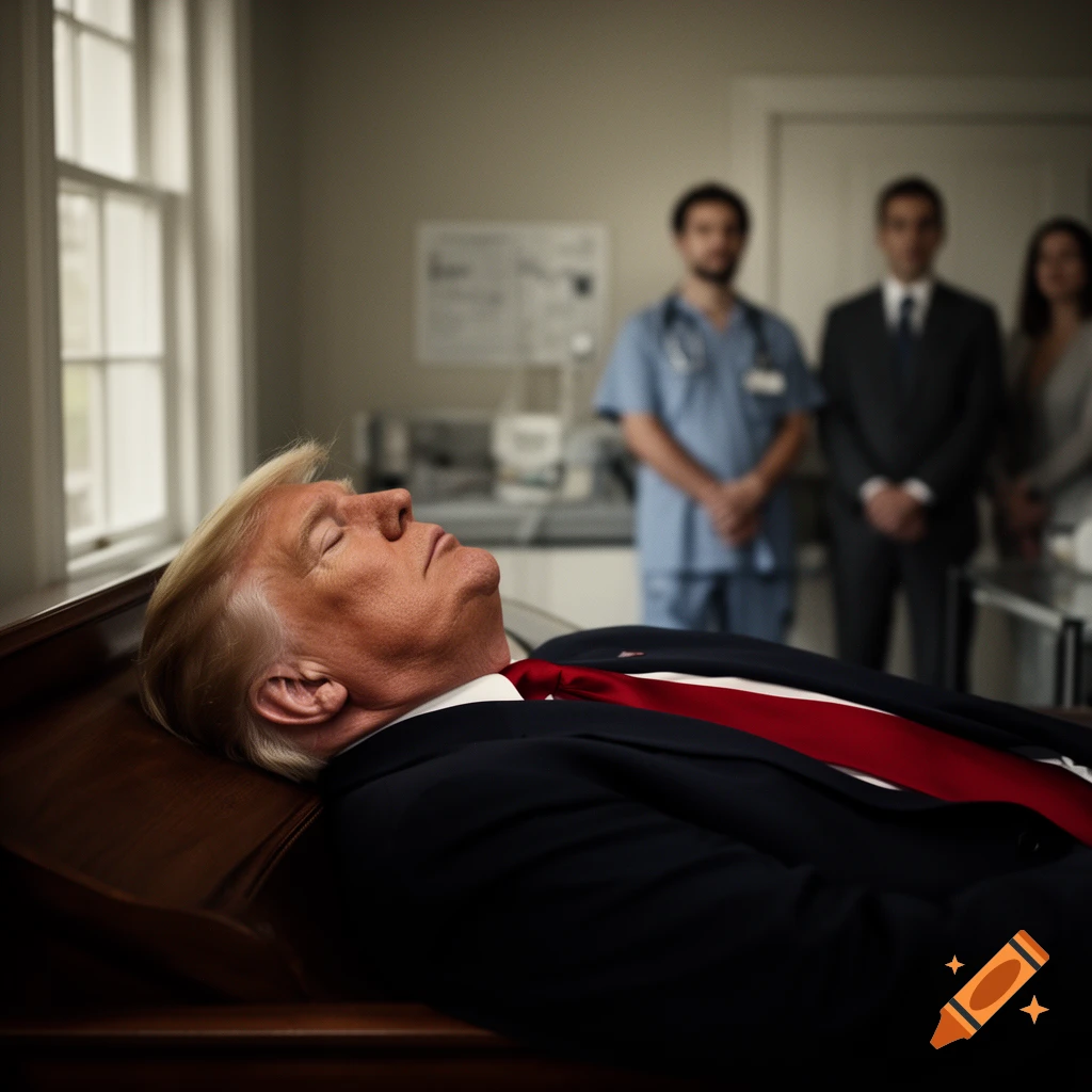 Photorealistic depiction of Donald Trump lying in repose with medical staff watching in the background.
