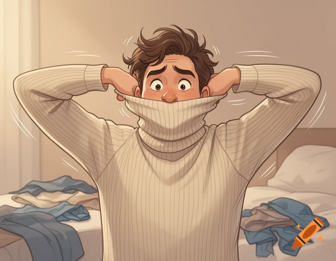 Digital illustration of a panicked man struggling to pull his head through the tight collar of a white turtleneck sweater, in a bedroom setting.