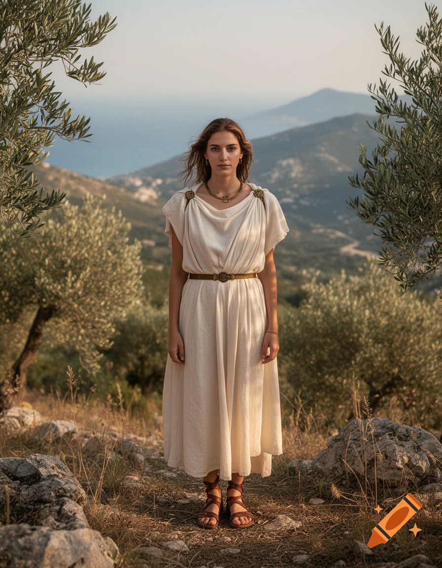Photorealistic full-body portrait of a young woman in ancient Greek chiton standing on a rocky path overlooking a valley with olive trees.