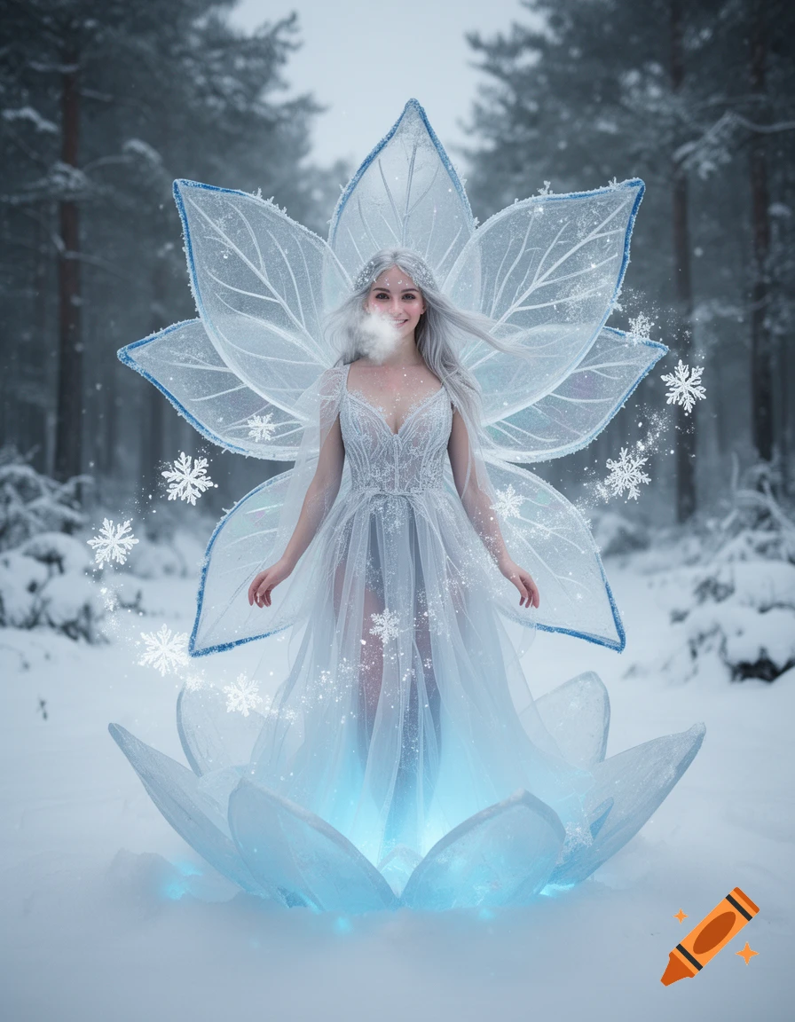 Photorealistic winter fairy standing inside a glowing crystal lotus flower in a snowy forest.