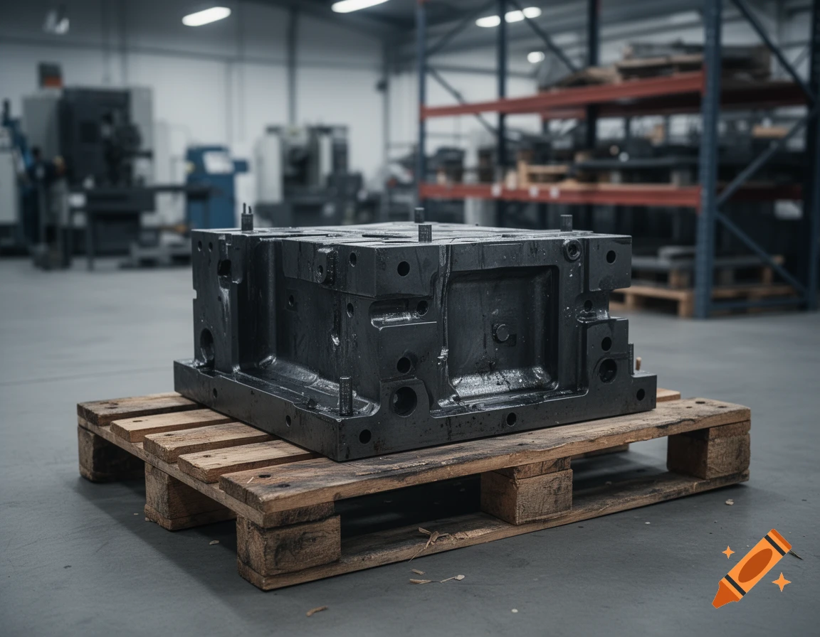 Photorealistic image of a heavy black metal die casting mold resting on a wooden pallet inside an industrial warehouse.