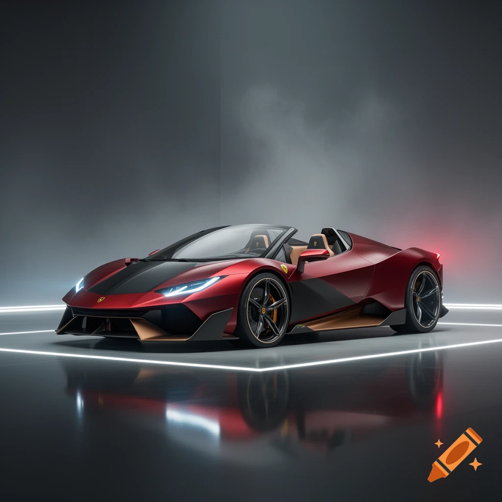 A futuristic red and black spider-style concept supercar parked in a modern lit studio.