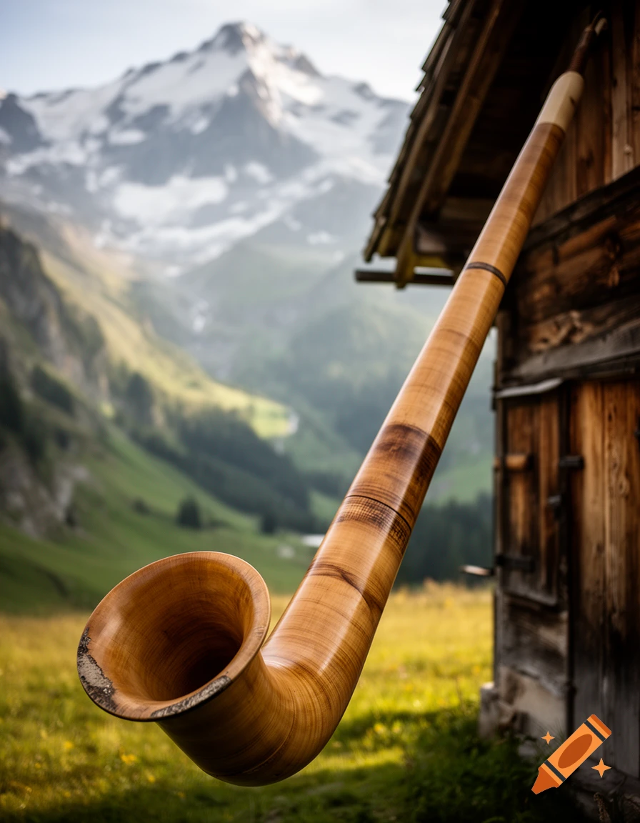 Photorealistic image of a wooden alphorn resting against a rustic alpine chalet with snowy mountain peaks and a green valley in the background.