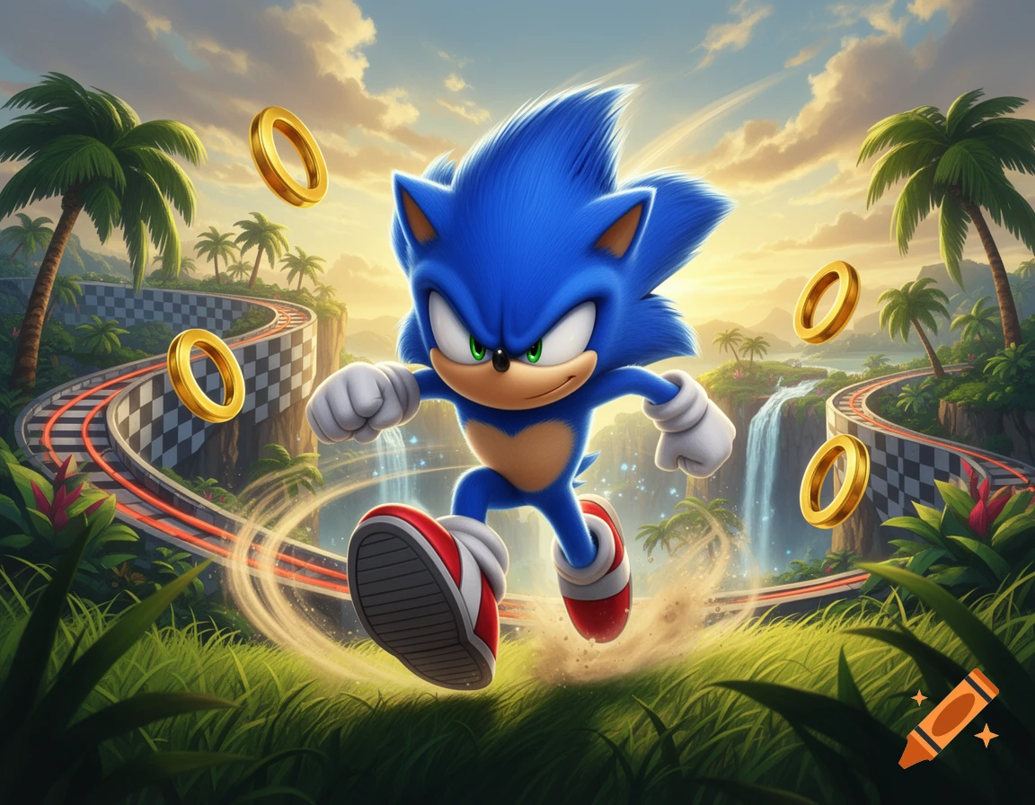 Sonic the Hedgehog running swiftly along a winding Green Hill Zone track with gold rings floating in the air, digital art style.