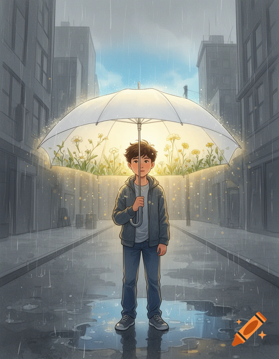 An illustration of a young boy standing in a city street under a white umbrella, where it is sunny and blooming with flowers inside.