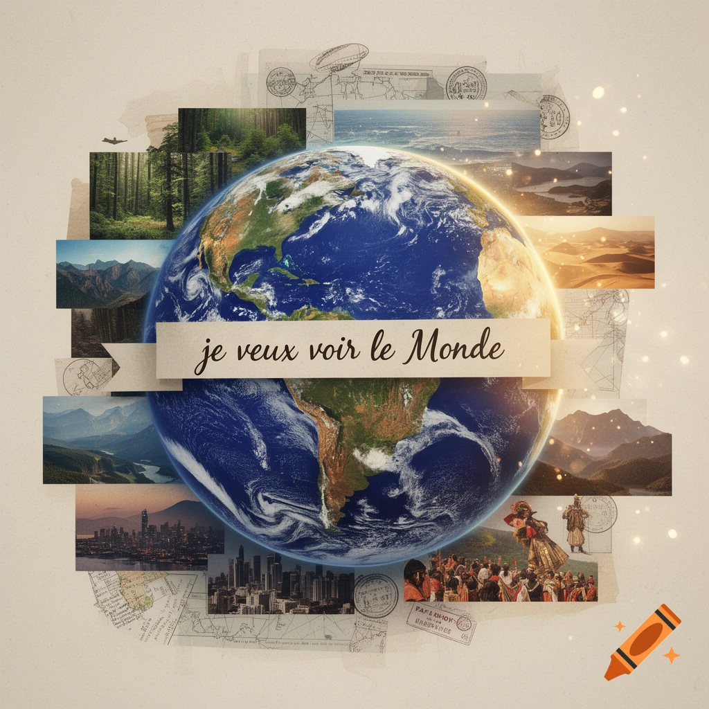 A realistic collage featuring a central globe surrounded by various landscapes and the text 'je veux voir le Monde'.