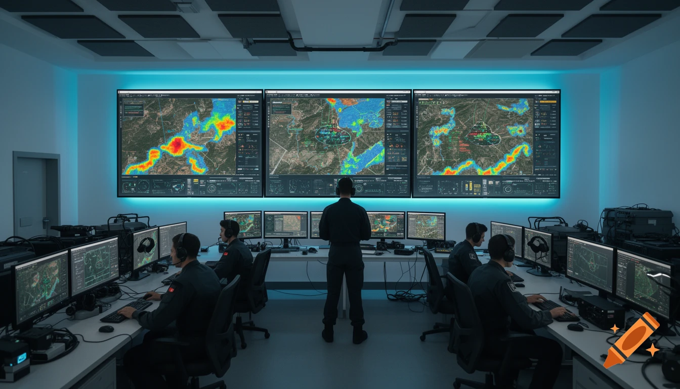 Photorealistic military control room interior with multiple operators working at workstations and large screens displaying maps.