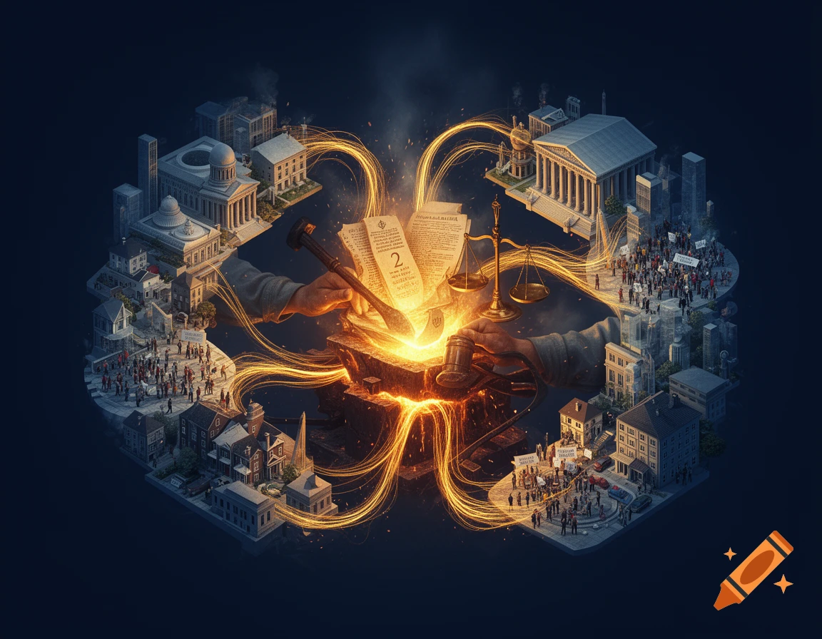 Isometric conceptual illustration of society, law, and justice, featuring glowing energy connections between buildings, a scale, and a book.