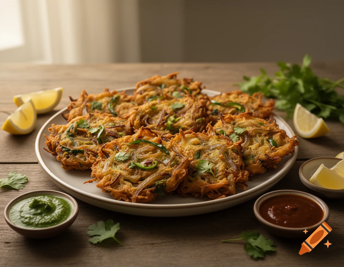 Photorealistic image of onion bhaji served on a plate with small bowls of green and red chutney and lemon wedges on a wooden table.