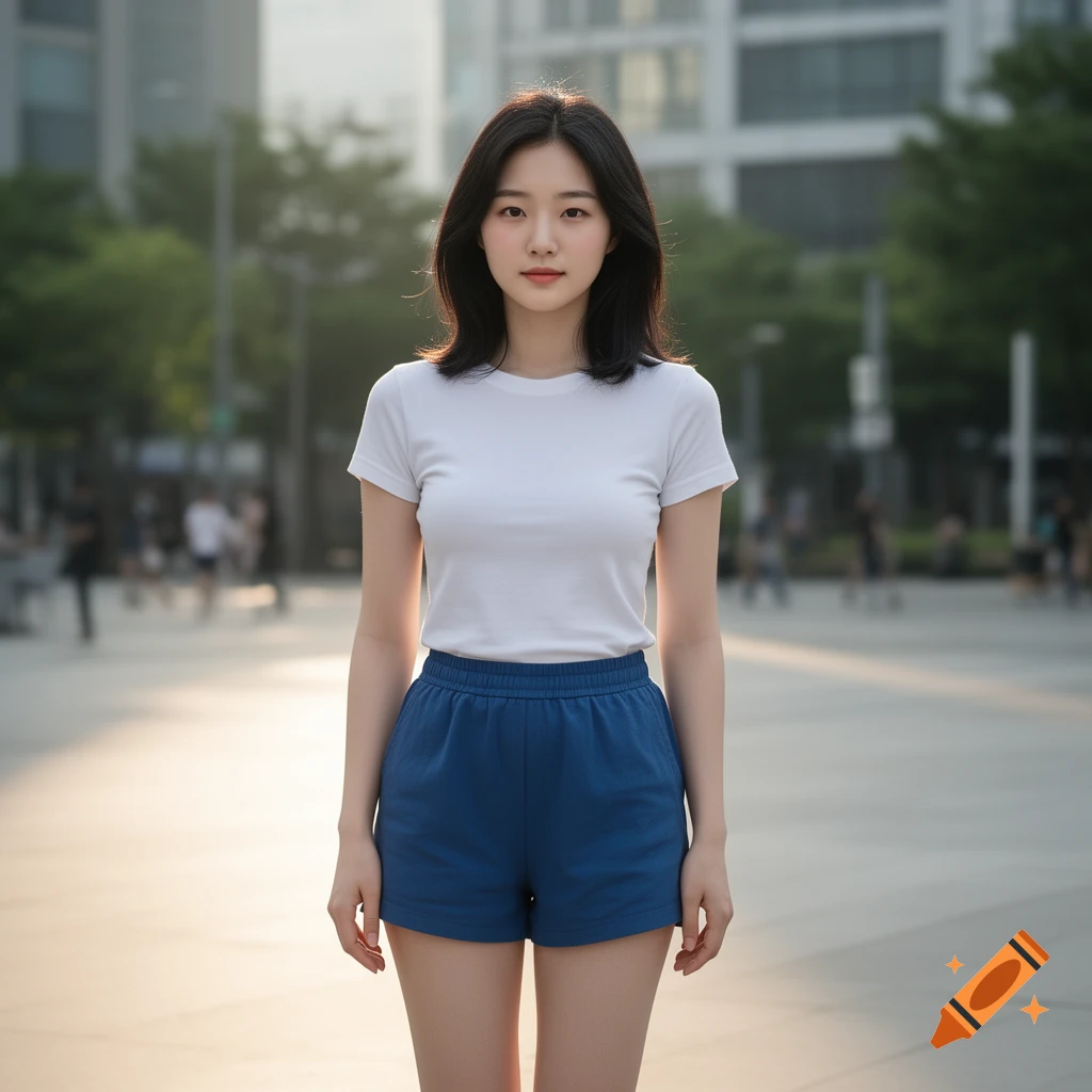 Photorealistic full-body portrait of a young East Asian woman with dark hair standing outdoors wearing a white t-shirt and blue shorts.