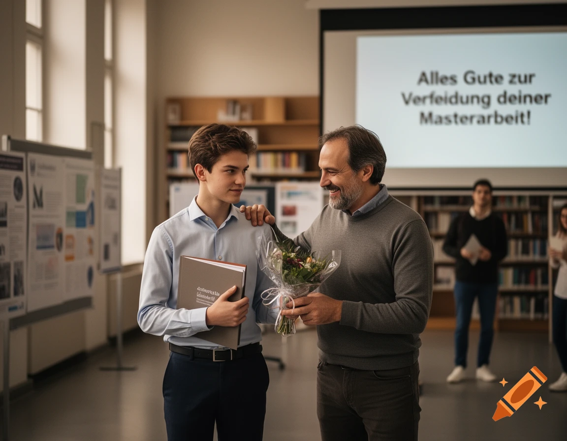 An older man smiling and handing flowers and a thesis folder to a young man in a library with a presentation screen in the background.